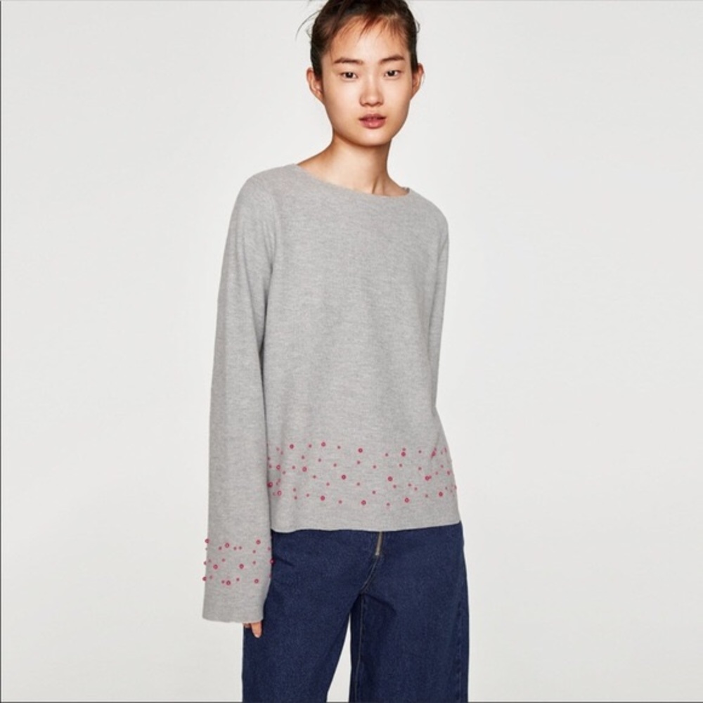 Zara TRF Grey Sweater with Pink Beads